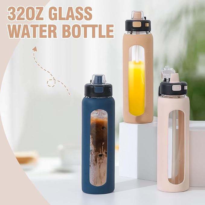 Kodrine Water Bottle with Soft Straw and Carry Loop, 32 oz Glass Water Bottle with Locking Lid, Clear Water Bottles Sports, Drinking Bottle for Travel Home Gym, Leakproof(Amber)
