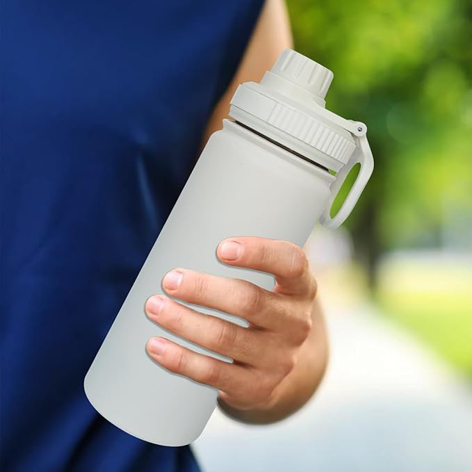 18oz Insulated Water Bottle ,Stainless Steel Sports Water Cup Flask with 2 Lids, Wide Mouth Travel Thermal Mug,Outdoor Sports Bottle(white)