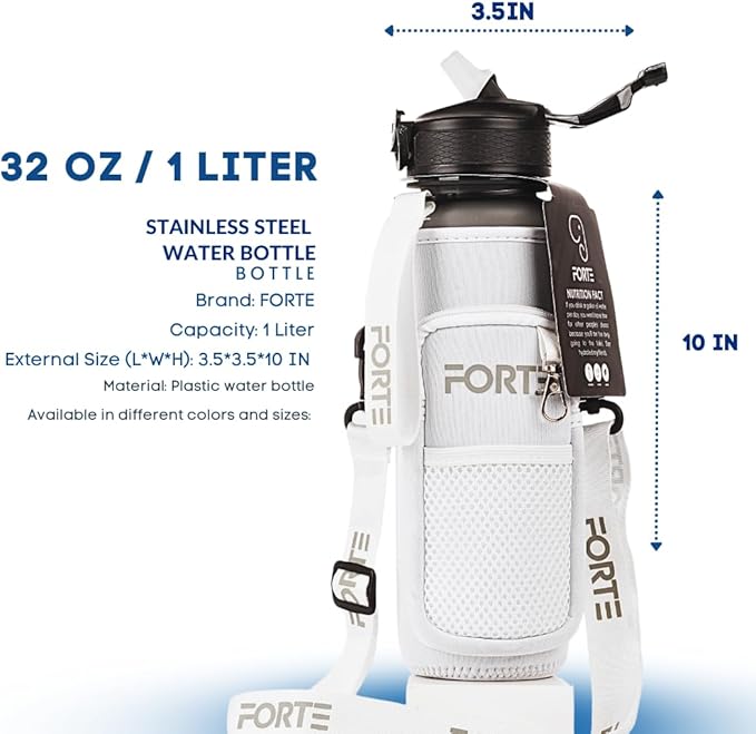FORTE Plastic Water Bottle with Sleeve - BPA-Free Water Jug with Leak Proof Lid and Straw - Perfect for Gym, Office, and Everyday Use (White)