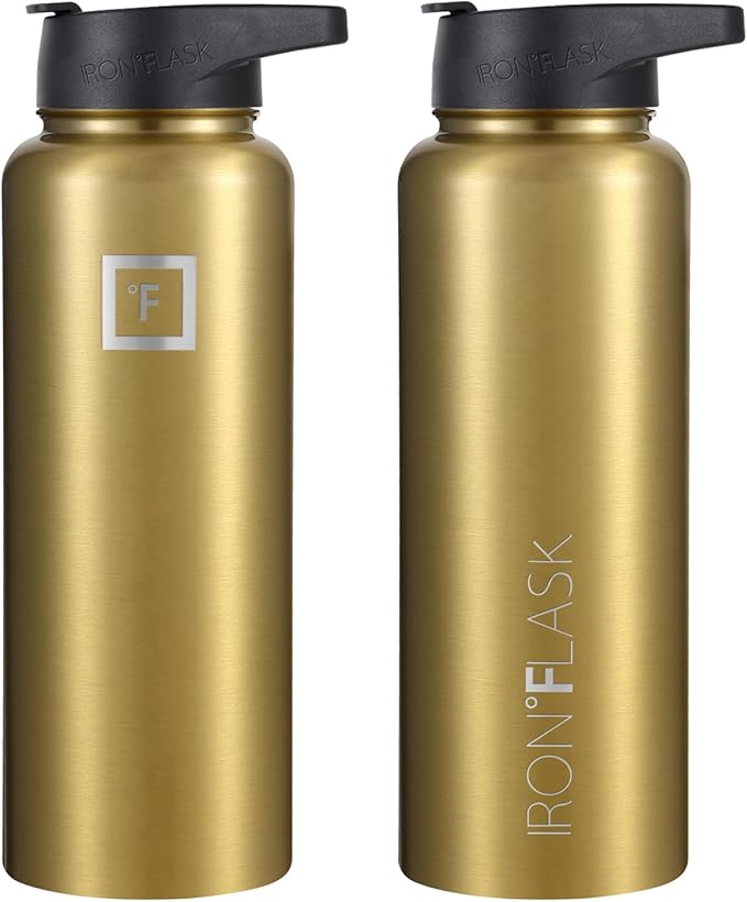 IRON °FLASK Sports Water Bottle - Wide Mouth, 3 Lids (Straw Lid) - Stainless Steel Gym & Outdoor Bottles for Men, Women & Kids - Double Walled, Insulated Thermos, Metal Canteen - Gold, 40 Oz
