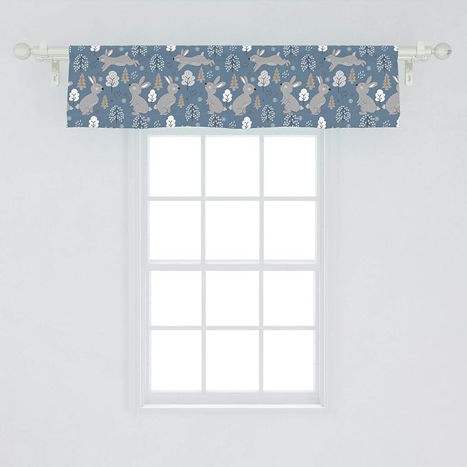 Ambesonne Bunny Window Valance, Continuous Pattern with Trees and Rabbits Snowflakes, Curtain Valance for Kitchen Bedroom Decor with Rod Pocket, 54" X 12", Blue Grey