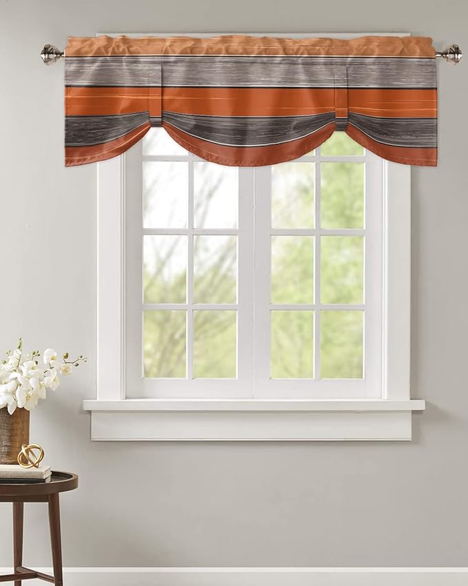 Farmhouse Thanksgiving Fall Blackout Tie Up Valance Curtains for Kitchen Windows Burnt Orange Gray Window Toppers Balloon Shades for Living Room/Bathroom/Bedroom,1 Panel,42" X 12" Rustic Wood Texture