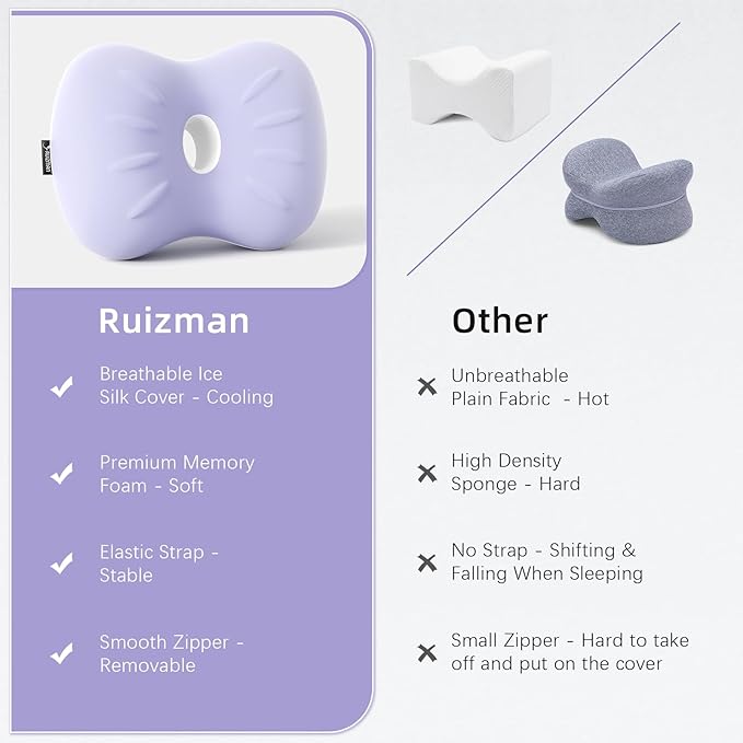 Knee Pillow for Side Sleepers - Memory Foam Knee Pillow with Cooling Cover, Leg Pillow for Side Sleeping - Leg Positioner Pillows for Sciatica Hip Pain & Spine Alignment (Soft Purple)