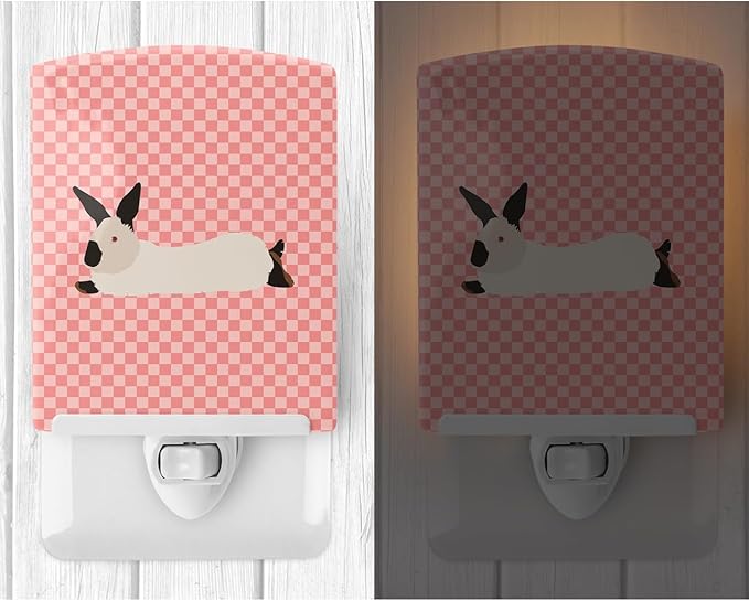 Caroline's Treasures BB7967CNL California White Rabbit Pink Check Ceramic Night Light Compact, UL-Certified, Ideal for Bedroom, Bathroom, Nursery, Hallway, Kitchen, 6x4x3, Multicolor