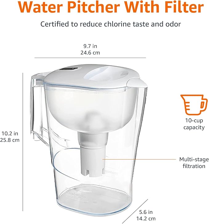 Amazon Basics Water Filter Pitcher for Fridge - 10-Cup Water Pitcher with Filter Compatible with Brita Water Pitchers & Dispensers for Clean, Crisp Water, WQA and NSF Certified, Made in Europe
