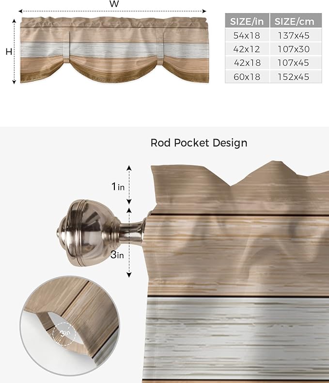 Farmhouse Summer Blackout Tie Up Valance Curtains for Kitchen Windows,Brown Beach Fall Window Toppers Balloon Shades for Living Room/Bathroom/Bedroom,1 Panel,42" X 18" Rustic Barn Wood Texture