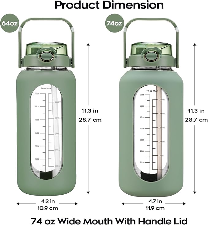 74 oz Glass Water Bolttles with Straw Large Motivational Water Bottle with Time Marker Sports Water Bottles with Silicone Sleeve and Handle Lid 2.2L Water Jug for Gym Workout