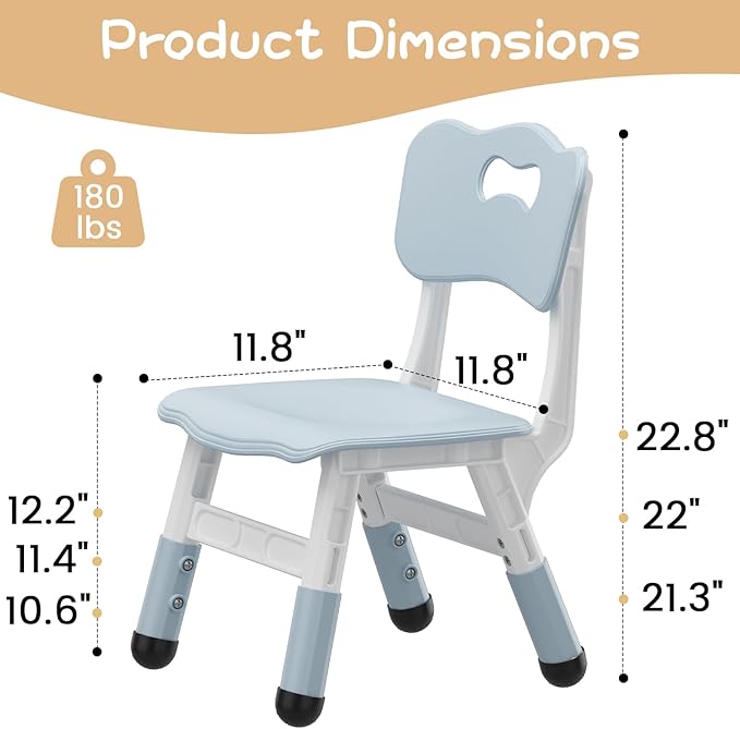 Adjustable Kids Chair (2pcs), 3 Level Height Adjustable Toddler Chair, Plastic Indoor Outdoor Child Chair for Children Age 2-8 Family School Home Daycare Use, Grayish Blue