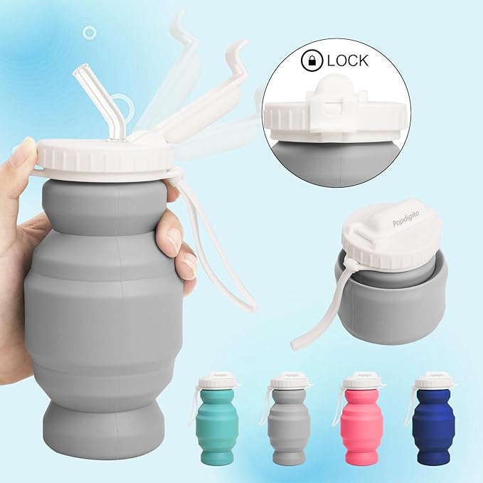 Collapsible Water Bottles,BPA-Free Leak-Proof Silicone Foldable Water Bottle Cup 20.6oz,Durable Lightweight Bottle for Gym Travel Camping Hiking Running (Type2 grey little 320ml)