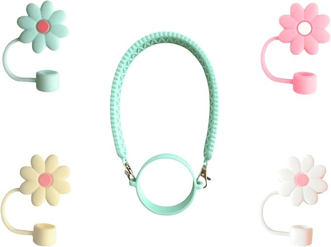 Stanley Accessories Water Bottle with Strap Bottle Sling Carrier with Handle Attachment Fits Most 8-40oz Tumbler & Stanley + 4Cute Straw Covers 3D Straw Toppers Gift Set-Daisy