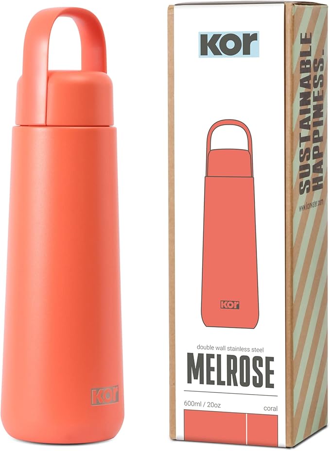 KOR Melrose 20oz Double Wall Insulated Water Bottle - Keeps Beverages Hot for 12hrs, Cold for 24hrs - Stainless Steel Design - Contoured Perfect Spout for Drinking