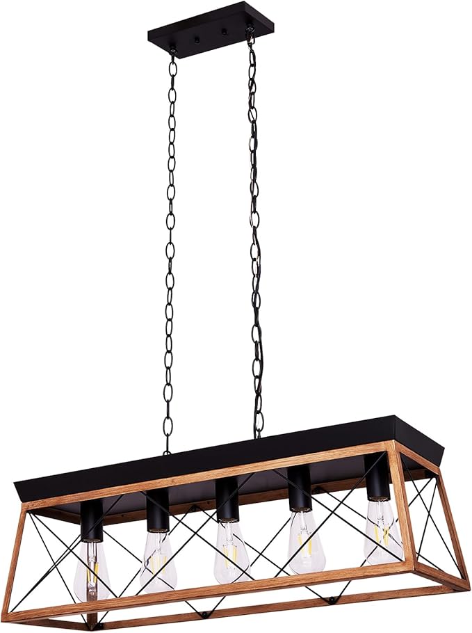 Dining Room Light Fixture/Chandelier Over Table, 5-Light Kitchen Island Lighting Hanging for Farmhouse Linear Chandeliers Matte Black Rustic Wood Pendant Ceiling Light Fixtures