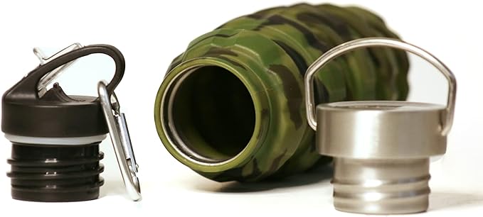 Collapsible Water Bottle 19.6oz/580ml (Woodland Camo) - 2 Lids, Carabiner, Gift Box - Leak Proof Silicone Gym Water Bottles Army - Military Veterans Day Gifts for Him - Hiking & Camping Accessories
