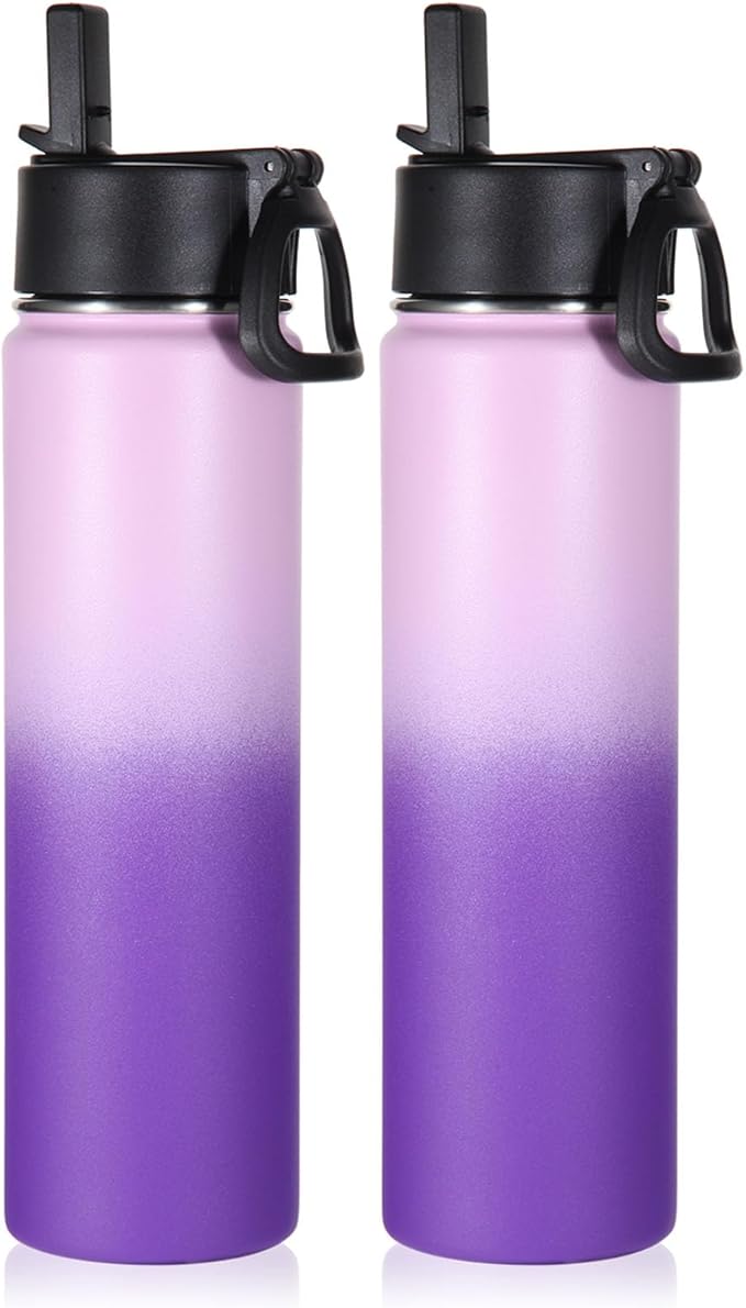 Volhoply 24oz Insulated Water Bottle With Straw Bulk 2 Pack,Metal Wide Mouth Water Bottles With Handle Keep Cold,Reusable Double Wall Thermos,Powder Coated Sport Bottle For Holder(Lavender,2 conut)
