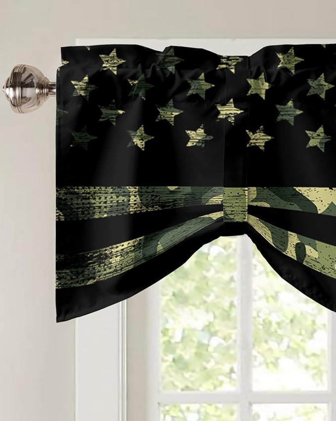 Rustic Green Camo Military Pattern American Flag Blackout Tie Up Valance Curtains for Kitchen Windows Camouflage Window Toppers Balloon Shades for Living Room/Bathroom/Bedroom,1 Panel,42" X 12"