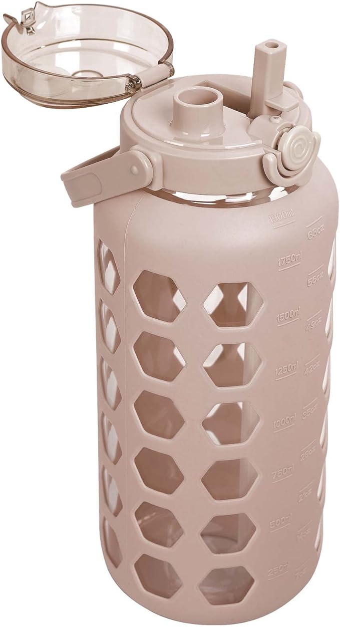 MUKOKO Half Gallon/64 oz Glass Water Bottles with Straw and Lid,Motivational Water Jug with Time Marker Reminder and Silicone Sleeve,100% Leakproof BPA Free Fitness Sports Large Bottle-Amber