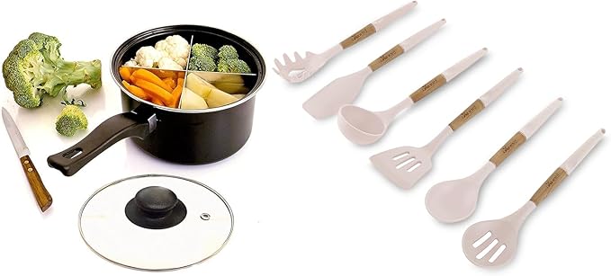 Silicone Cooking Utensils Set (6 pcs) Natural Wood Kitchen Utensils – Eco Friendly & BPA Free, Non-Scratch & Non-Stick Easy Grip -White