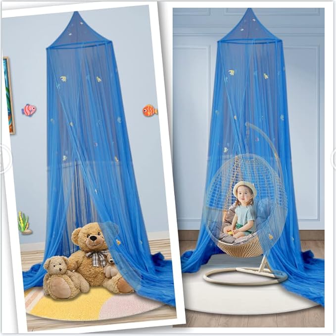 South to East Bed Canopy for Children with Glowing Marine Life, Blue Bed Curtains for Kids Bed & Toddler Bed, Twin, Full & Queen Bed, Mosquito Net Canopy for Boys Bedroom
