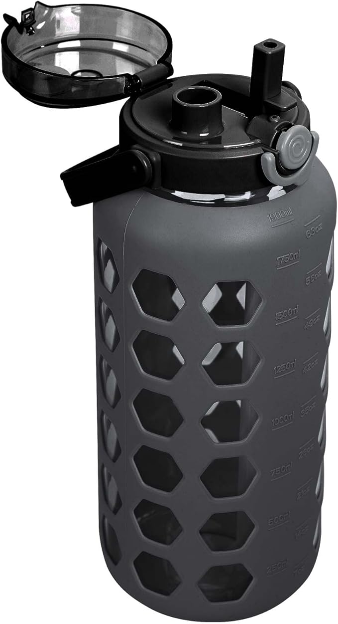 MUKOKO Half Gallon/64 oz Glass Water Bottles with Straw and Lid,Motivational Water Jug with Time Marker Reminder and Silicone Sleeve,100% Leakproof BPA Free Fitness Sports Large Bottle-Grey