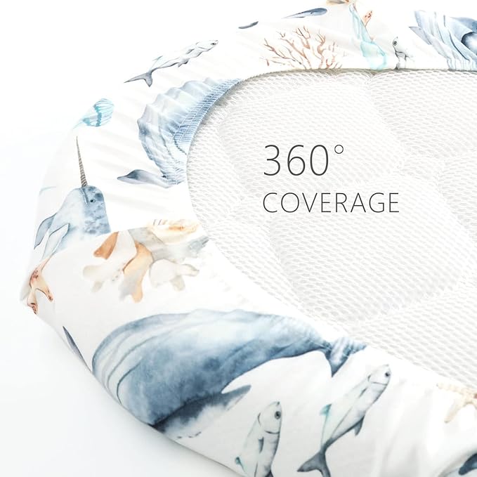 GRSSDER Stretchy Ultra Soft Fitted Bassinet Sheets Set 2 Pack, Cradle Sheet Universal Fit for Rectangle, Oval, or Hourglass Bassinet Pad/Mattress Safe and Snug, Stylish Cute Whale Sea Worl for Baby