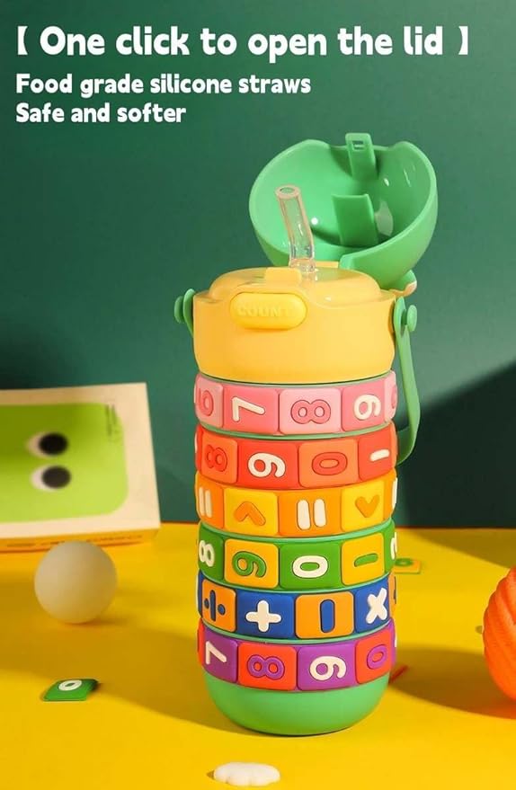 Kids Premium 14 oz Math Water Bottle with Silicone Spout, Leak-Proof Locking Flip Lid, Carrying Strap, Educational, Fun, Learning, Puzzle, Insulated, Stainless Steel Thermos, Sensory, Fidget. (Pink)