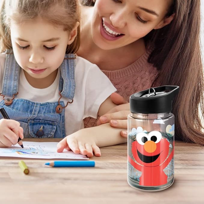 LOGOVISION Sesame Street Kids Tritan Plastic Water Bottle with Straw Lid and Handle, Reusable Tumbler for Toddlers, Unisex for Girls and Boys, 12oz, Big Elmo
