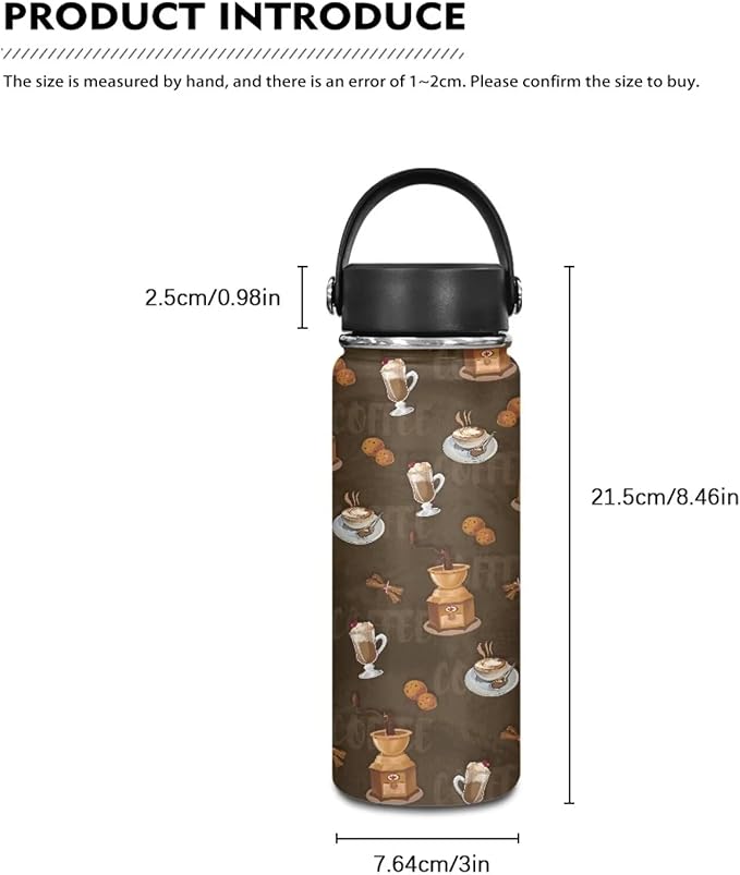 Coffee Print Insulated Water Bottle 20 Oz Stainless Steel Leak Proof Vacuum Easy to Clean Lightweight Keeps Cold and Hot Great for Travel Hiking Biking Running