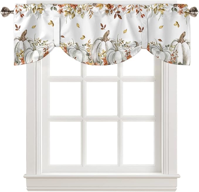Fall Floral Leaves Blackout Tie Up Valance Curtains for Kitchen Windows Thanksgiving Pumpkins Window Toppers Balloon Shades for Living Room/Bathroom/Bedroom,1 Panel,42" X 18" Boho