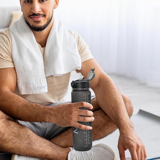 KOSAM Water Bottle 1L Sports Water Bottle with Motivational Time Marker & Straw, Dishwasher Safe Leak-proof Drink Bottle BPA Free Non-Toxic Tritan Material 1 Click Open for Running Gym