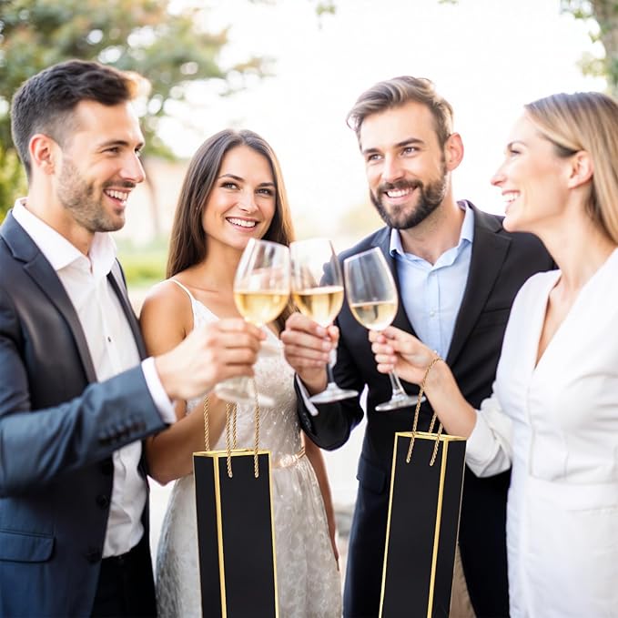 ISKYBOB 10 Packs Wine Gift Bag with Handle, Single Bottle Bags for Wine Kraft Paper Wine Bottle Gifts Box Reusable Gold Foil Gift Wine Bag for Housewarming, Business Dinner, Birthday Party (Black)