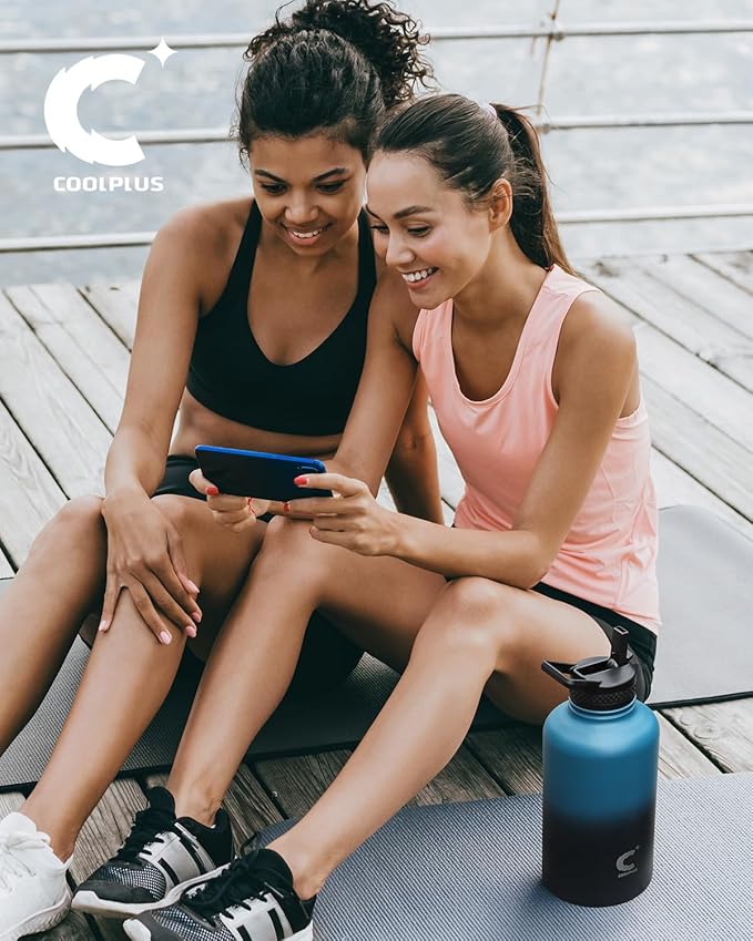 Coolplus 64 oz Water Bottle Insulated, Half Gallon Insulated Water Jug With Straw Stainless Steel Double-Walled Vacuum Metal Large Flask Bpa-Free Leakproof, Keep Cold 48 Hrs Hot 24hrs, Blue Black