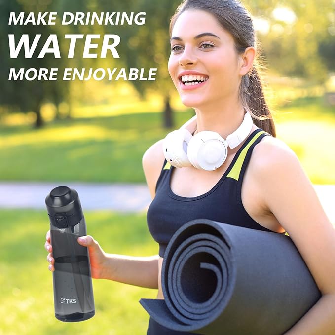 Water Bottle,650ml Water Bottle,Water Bottle with Flavor Pods,Leak Proof Sports Water Cup with Straw,Water Bottle Suitable for Outdoor Sports(Black)