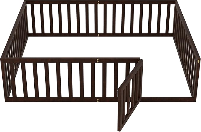 Queen Size Floor Bedframe with Door and Safety Guardrails Fence, Solid Wooden Toddler Montessori Platform Bed for Children Bedroom, Boys Girls, Kids Playroom