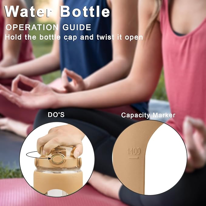 64 Oz Glass Water Bottle with Straw and Lid, Sports Motivational Water Bottle, Leakproof Water Jug Fitness with Silicone Sleeve for Gym, Brown