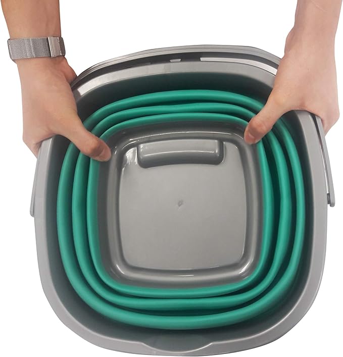 HOMZ Store N Stow 10 Liter Handle, Grey and Teal, Set of 1 Square Collapsible Bucket,