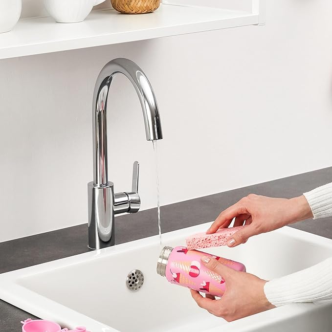 Ion8 Kids Water Bottle, Steel 400 ml/13 oz, Leak Proof, Easy to Open, Secure Lock, Dishwasher Safe, Flip Cover, Carry Handle, Easy Clean, Durable, Scratch Resistant, Raised Print, Ice Creams Design