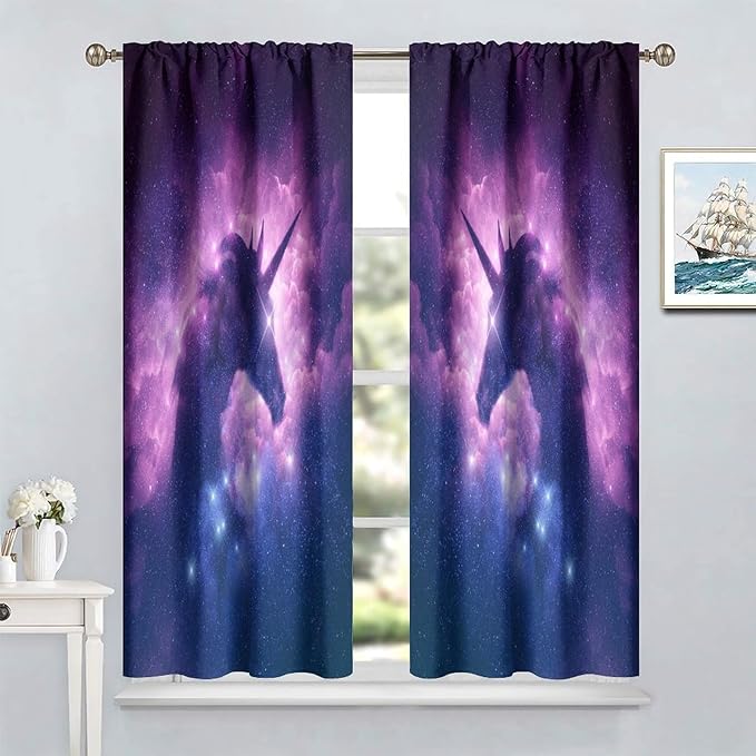 Unicorn Curtains Children's Cartoon Starry Sky Theme Unicorn Pattern Curtains Star Galaxy Boys Girls Room Blackout Curtains 42x45 Inch 2 Panels