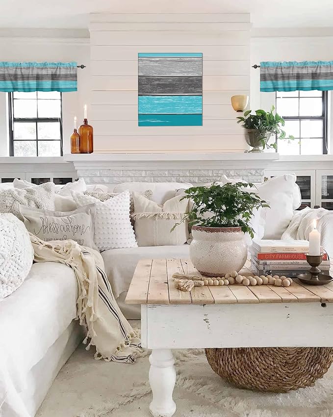 Farmhouse Kitchen Curtains Valances for Windows , Aqua Blue Gray Rod Pocket Country Window Treatment for Kitchen /Living Room/Bedroom/ Bathroom,42" X 12" -1 Panel, Retro Rustic Barn Wood Texture
