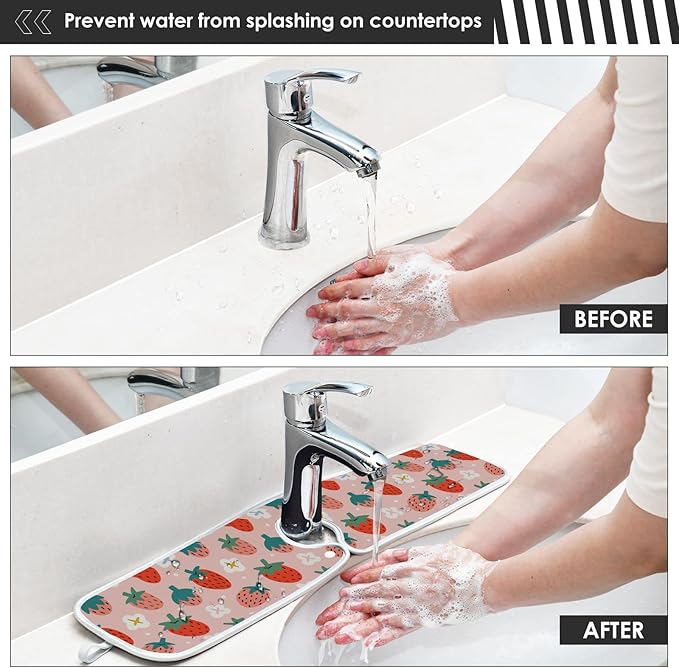 Kitchen Faucet Absorbent Mat,Strawberry Summer Berry Water Splash Guard for Sink, Faucet Drip Catcher Thicken Sponge Microfiber Faucet Water Catcher Mat Sink Absorbent Mat for Kitchen 23x5in 2 Pack
