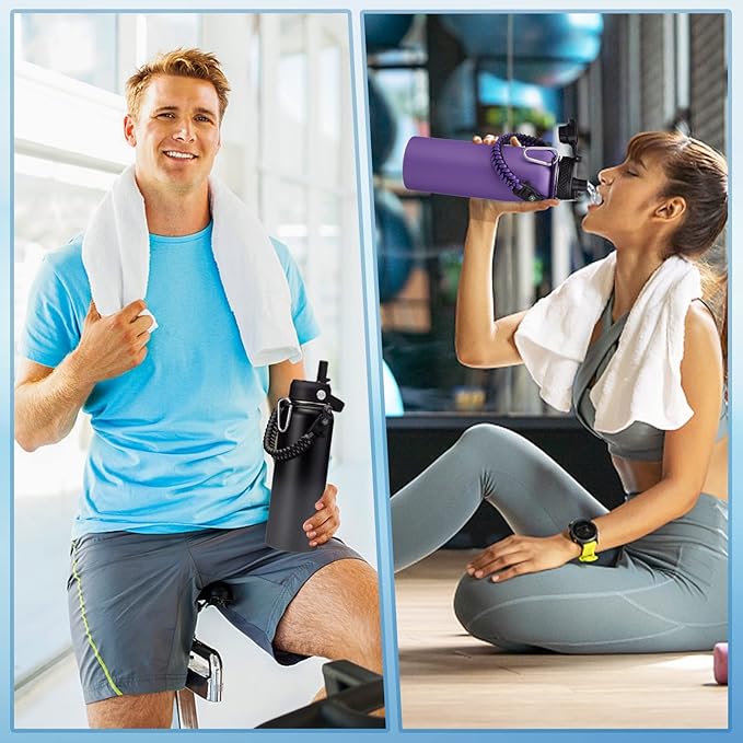 Insulated Water Bottle with Straw - 40 oz Triple Walled Water Bottle with Strap Carrier Bag, Flip Top Lid, Paracord Handle, Protective Cup Mat, Sweat-proof Metal Waterbottle for Sport, Gym, Workout