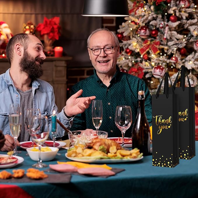 Ctosree 30 Pcs Wine Gift Bag for Wine Bottle Wedding Wine Thank You Gift Bag with Metallic Gold Foil Print Kraft Wine Paper Favor Bag with Attractive Rope Handle for Graduation Bottle(Black)