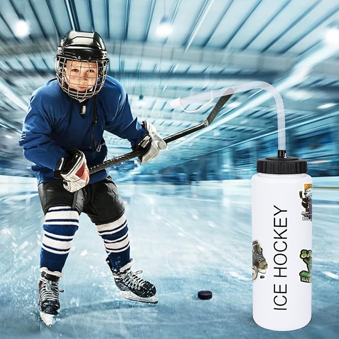 Hockey Gifts for Boys 8-12,Hockey Water Bottle with Long Straw and 50PCS Stickers Accessories Stuff for Player Lovers(1L,Squeeze,BPA-Free)