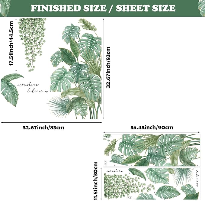 Green Plant Wall Stickers, Boho Tropical Plants Wall Decals for Living Room, DIY Wall Art Decor Murals Wallpaper Home Decorations for Living Room Bedroom Door Decor