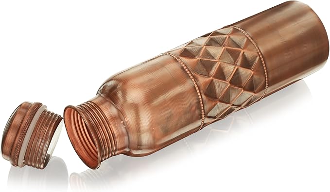 Copper Water Bottle for Drinking 34 Oz Large Handcrafted Ayurvedic Pure Copper Bottle Leak Proof Lid – Diamond Finish Copper Vessel with Carry Bag for Gym,Yoga, Meditation - 1000 ml / 1L