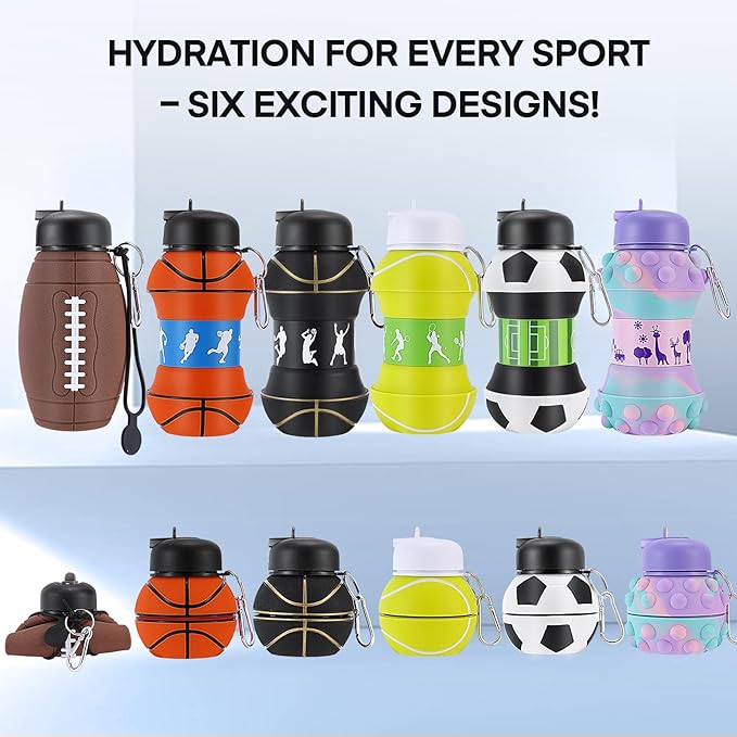 Kids Sports Collapsible Water Bottle | Ball Shaped Drinking Cup | Foldable BPA Free Leakproof Lightweight Silicon Jug | School Lunch Mug Team Gift Travel (American Football 600ml/20.3oz)
