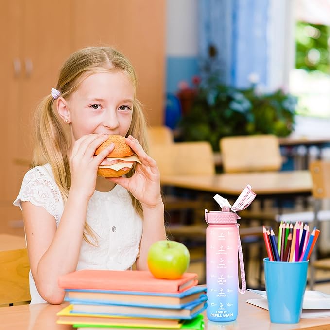 OLDLEY Kids Water Bottle for School, 17 oz (2 lids) BPA-Free Reusable Leak-proof Durable Tritan Plastic Water Bottles with Straw & Chug Lids, Anti-dust Spout Cover (Pink Blue)