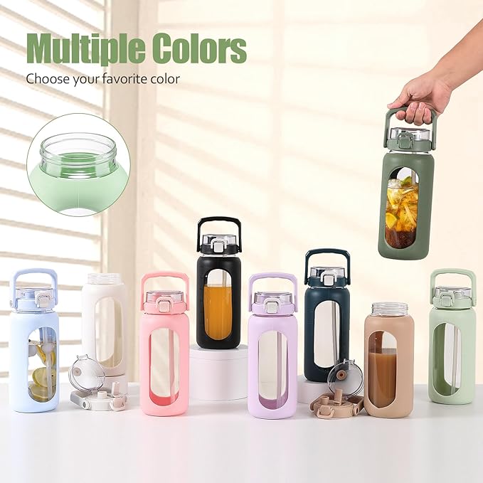 BLUEGO 64oz Glass Water Bottle with Handle and Straw, Motivational Sports Water Bottle with Time Marker and Silicone Sleeve Leakproof Drinking Bottle for Travel Gym Workout, Light Green