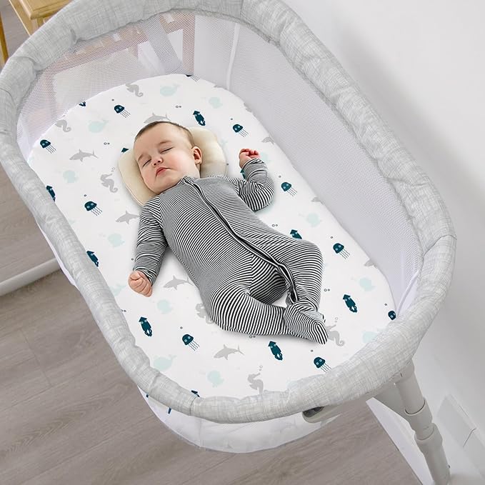 Bassinet Fitted Sheets 4 Pack Compatible with SNOO Smart Sleeper and UPPAbaby Bassinet, Ultra Soft and Skin-Friendly, Aqua Dinosaurs & White Ocean