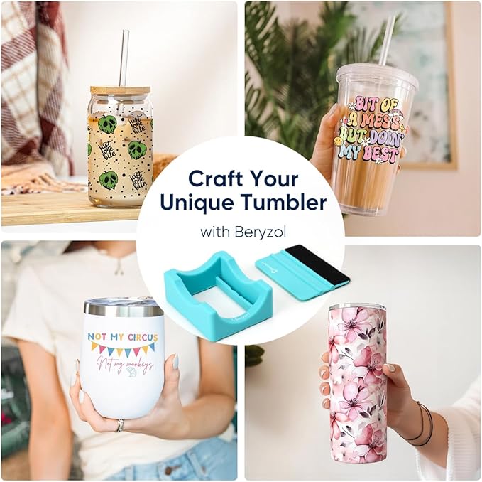 Silicone Cup Cradle, Cup Cradle for Tumblers Use to Apply UV DTF Decal/Apply Vinyl Decals -Keep Mugs in Place with Felt Squeegee(Cyan)