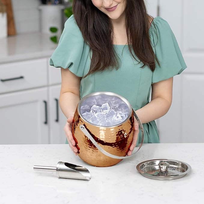 BREKX 3QT Insulated Ice Bucket for Parties with Lid and Scoop- Sweat-Free One Bottle Wine Chiller/Champagne Bucket or Ice Bucket for Cocktail Bar, Leak Proof & Easy to Clean, Rose Gold